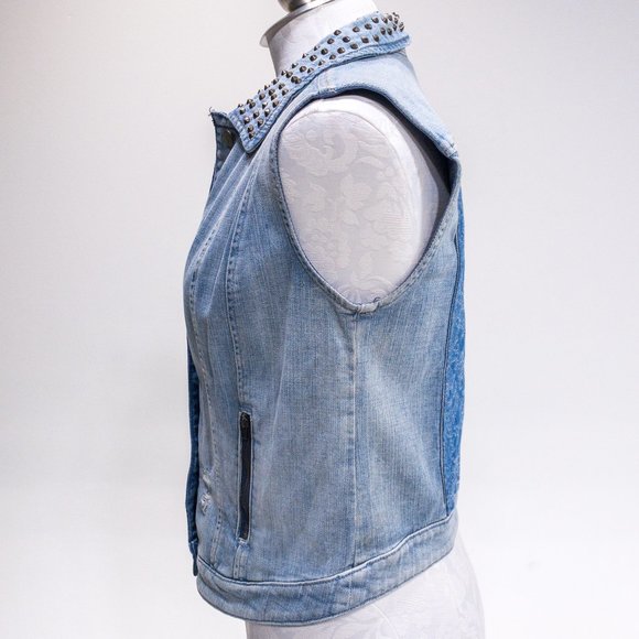 Guess M Sleeveless Jean Jacket Vest Layer Studded Collar Pattern Back Crop Top - Picture 9 of 16